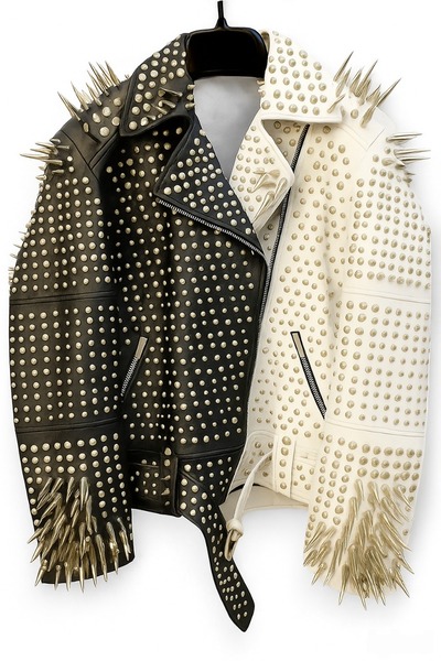 Crafted Leather Black White Punk Silver Spiked Studded Leather Brando Style Jacket