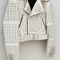 Crafted Leather White Awesome Women's Punk Rock Full Long Spiked Studded Brando Rusty Leather Jacket  - Thumbnail 2