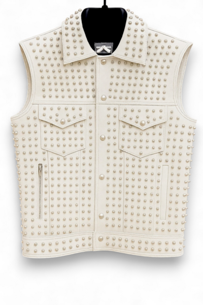 Crafted Leather Men White Studded Jacket Punk Style Stylish Leather Vest 