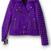 Crafted Leather Women Purple Studded Leather Rock Steam Punk Style Biker Jacket, Women Silver Studs Spiked Jacket  - Thumbnail 1