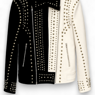 Crafted leather handmade black white suede leather punk style studded jackets for men - Thumbnail 2