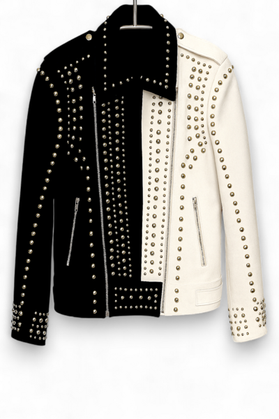 Crafted Leather Handmade Black White Suede Leather Punk Style Studded Jackets For Men