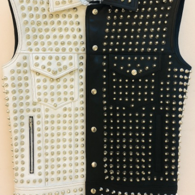 Crafted leather men black/white studded jacket punk style stylish leather vest 
