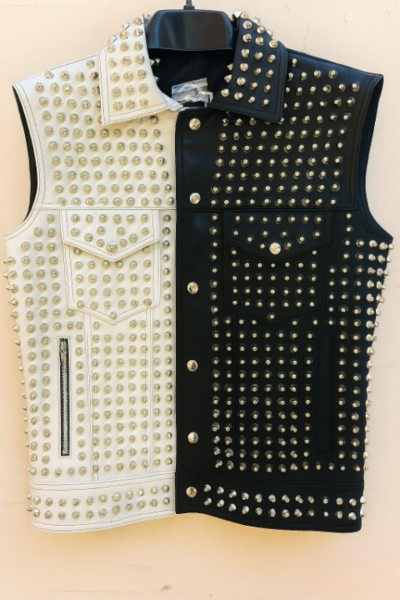 Crafted Leather Men Black/White Studded Jacket Punk Style Stylish Leather Vest 