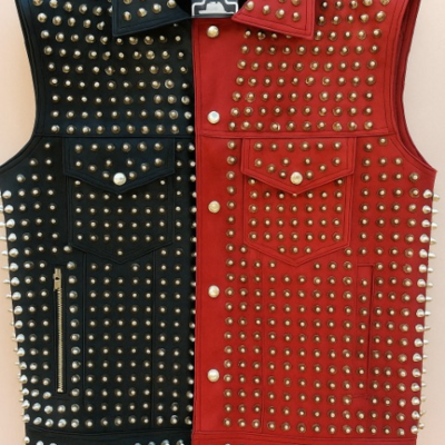 Crafted leather men black red studded jacket punk style stylish leather vest 