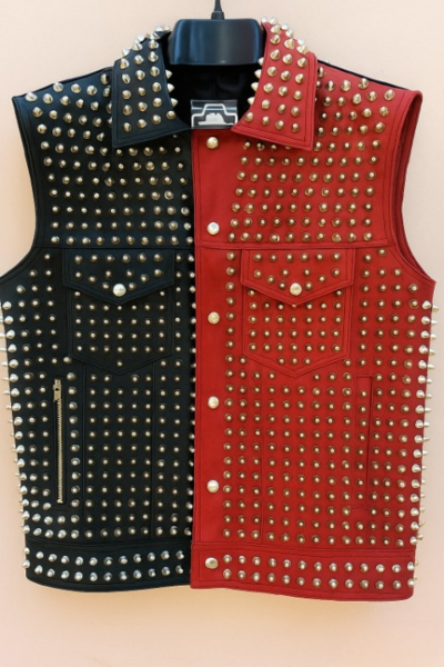 Crafted Leather Men Black Red Studded Jacket Punk Style Stylish Leather Vest 
