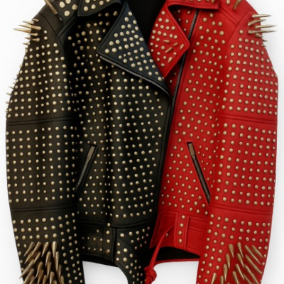 Crafted leather black red punk silver spiked studded leather brando style jacket