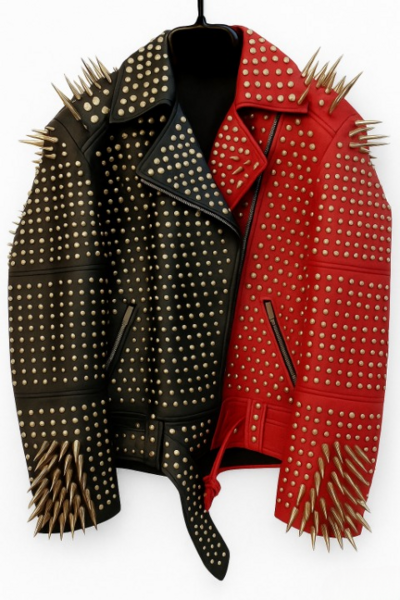 Crafted Leather Black Red Punk Silver Spiked Studded Leather Brando Style Jacket