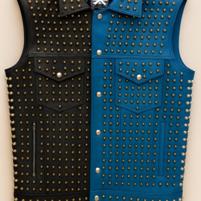 Crafted leather men black/blue studded jacket punk style stylish leather vest  - Thumbnail 1