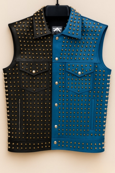 Crafted Leather Men Black/Blue Studded Jacket Punk Style Stylish Leather Vest 