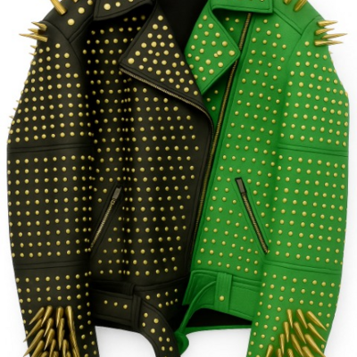 Crafted leather black green punk spiked studded leather brando style jacket - Thumbnail 1