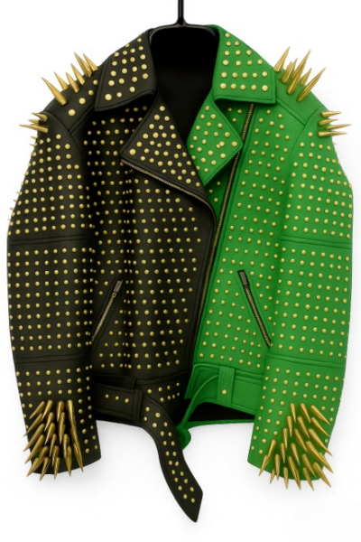 Crafted Leather Black Green Punk Spiked Studded Leather Brando Style Jacket