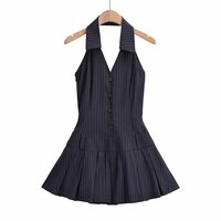 College style button-down elegant casual V-neck backless pleated dress - Thumbnail 2