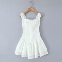 Square neck chest strap concealed button waist lace slip dress - Thumbnail 2