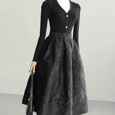 Fall winter a-line black pleated skirt holiday outfit plus size high waisted black midi formal skirt 