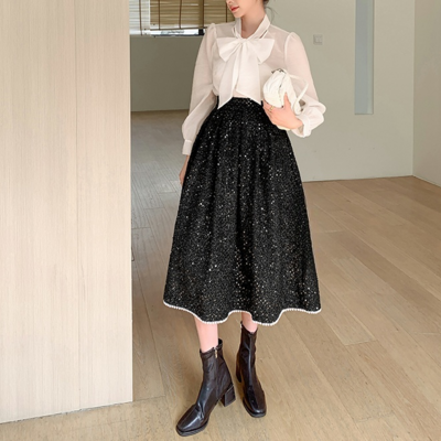 Black winter midi skirt high waisted shinning holiday skirt a-line ruffle pleated skirt outfit plus size