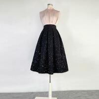 Black Winter Midi Skirt High Waisted Shinning Holiday Skirt A-line Ruffle Pleated Skirt Outfit Plus Size - Thumbnail 4