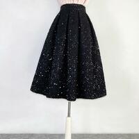 Black Winter Midi Skirt High Waisted Shinning Holiday Skirt A-line Ruffle Pleated Skirt Outfit Plus Size - Thumbnail 5