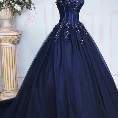 Navy tulle lace long a-line prom party gown