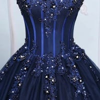 Navy Tulle Lace Long A-Line Prom Party Gown - Thumbnail 1