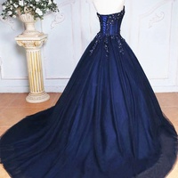 Navy Tulle Lace Long A-Line Prom Party Gown - Thumbnail 3