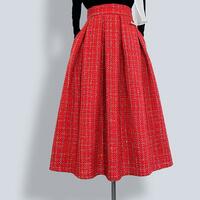 Red Winter Holiday Skirt Winter Midi Pleated Skirt Woolen Party Skirt Plus Size Full Pleated Party Skirt Outfit - Thumbnail 5