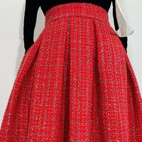 Red Winter Holiday Skirt Winter Midi Pleated Skirt Woolen Party Skirt Plus Size Full Pleated Party Skirt Outfit - Thumbnail 6