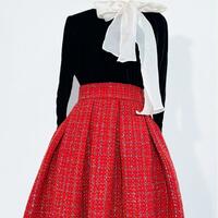 Red Winter Holiday Skirt Winter Midi Pleated Skirt Woolen Party Skirt Plus Size Full Pleated Party Skirt Outfit - Thumbnail 3