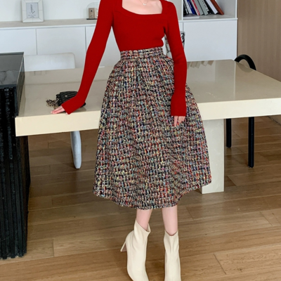 Women burgundy tweed midi skirt women a-line high waisted burgundy winter party skirt outfit plus size