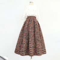 Women Burgundy Tweed Midi Skirt Women A-line High Waisted Burgundy Winter Party Skirt Outfit Plus Size - Thumbnail 2