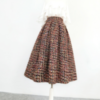 Women Burgundy Tweed Midi Skirt Women A-line High Waisted Burgundy Winter Party Skirt Outfit Plus Size - Thumbnail 3