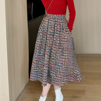 Women Burgundy Tweed Midi Skirt Women A-line High Waisted Burgundy Winter Party Skirt Outfit Plus Size - Thumbnail 4