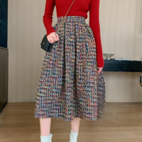 Women Burgundy Tweed Midi Skirt Women A-line High Waisted Burgundy Winter Party Skirt Outfit Plus Size - Thumbnail 5