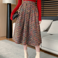 Women Burgundy Tweed Midi Skirt Women A-line High Waisted Burgundy Winter Party Skirt Outfit Plus Size - Thumbnail 6