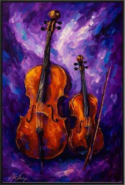 Violin and Cello Against Purple Background