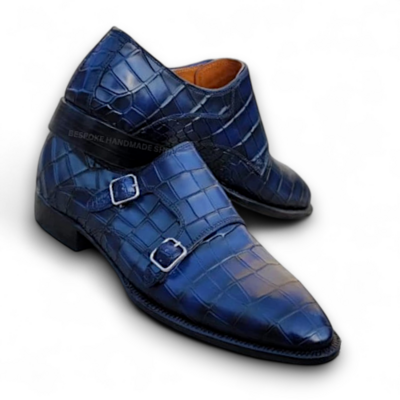 Crafted leather classic handmade men blue crocodile/alligator texture leather dress shoes