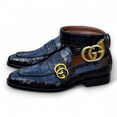 Crafted Leather Classic Men Black Crocodile/Alligator Texture Leather Dress Shoes with Matching Belt