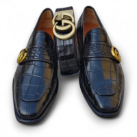 Crafted Leather Classic Men Black Crocodile/Alligator Texture Leather Dress Shoes with Matching Belt - Thumbnail 1