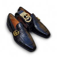 Crafted Leather Classic Men Black Crocodile/Alligator Texture Leather Dress Shoes with Matching Belt - Thumbnail 2