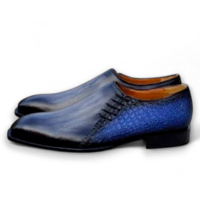 Crafted leather classic gray patina blue crocodile/alligator texture leather side laces dress shoes