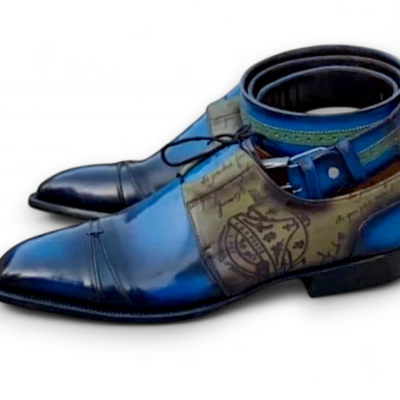 Crafted leather men custom made blue designer oxford lace up dress shoes with matching belt - Thumbnail 1