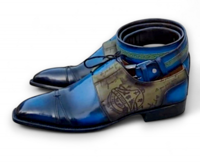 Crafted Leather Men Custom Made Blue Designer Oxford Lace up Dress Shoes with Matching Belt