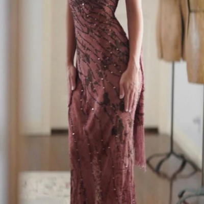 Elegant off shoulder vintage evening dress with sequin