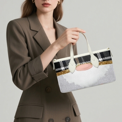 Rustic plaid gnome leather crossover bag - chic black & white buffalo check, gold glitter accent holiday handle tote