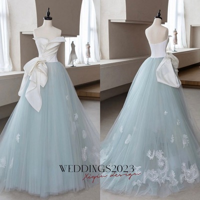 Blue Tulle Lace Applique Strapless A Line  Long Prom Dress, Blue Long Formal Dress