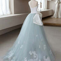 Blue Tulle Lace Applique Strapless A Line  Long Prom Dress, Blue Long Formal Dress - Thumbnail 1