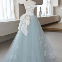 Blue Tulle Lace Applique Strapless A Line  Long Prom Dress, Blue Long Formal Dress - Thumbnail 2
