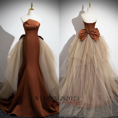 Simple Mermaid Brown Champagne Satin Tulle Long Prom Dress, Brown Long Evening Dress for Women