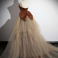 Simple Mermaid Brown Champagne Satin Tulle Long Prom Dress, Brown Long Evening Dress for Women - Thumbnail 3