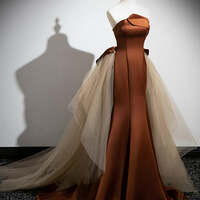 Simple Mermaid Brown Champagne Satin Tulle Long Prom Dress, Brown Long Evening Dress for Women - Thumbnail 5